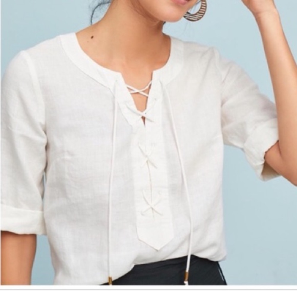 Anthropologie 3/4 sleeve linen lace up blouse
